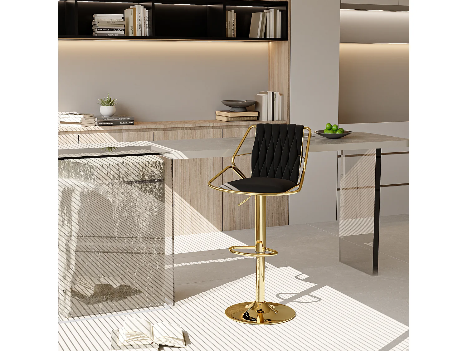 Lot de 2 tabourets de bar, chaise pivotante avec dossier, hauteur réglable de 56 à 77 cm, tabouret de bar en velours noir pour le bar de la cuisine