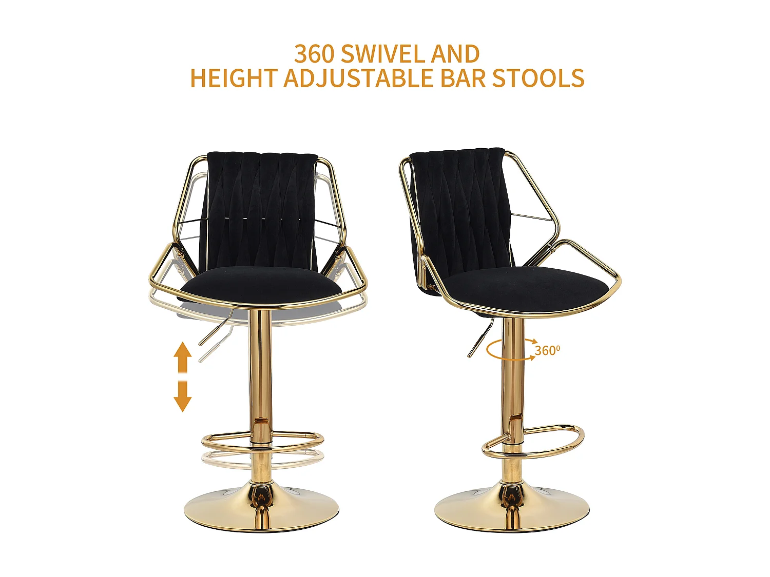 Lot de 2 tabourets de bar, chaise pivotante avec dossier, hauteur réglable de 56 à 77 cm, tabouret de bar en velours noir pour le bar de la cuisine