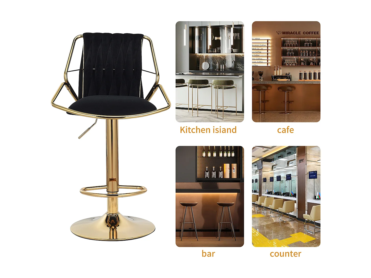 Lot de 2 tabourets de bar, chaise pivotante avec dossier, hauteur réglable de 56 à 77 cm, tabouret de bar en velours noir pour le bar de la cuisine
