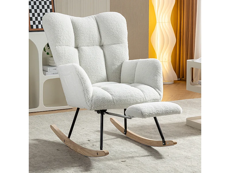 Fauteuil à bascule avec accoudoir et repose-pieds extractible, en tissu teddy blanc