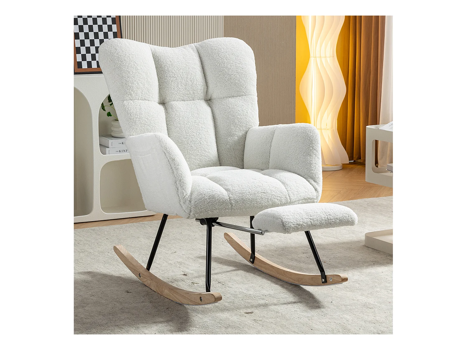Fauteuil à bascule avec accoudoir et repose-pieds extractible, en tissu teddy blanc