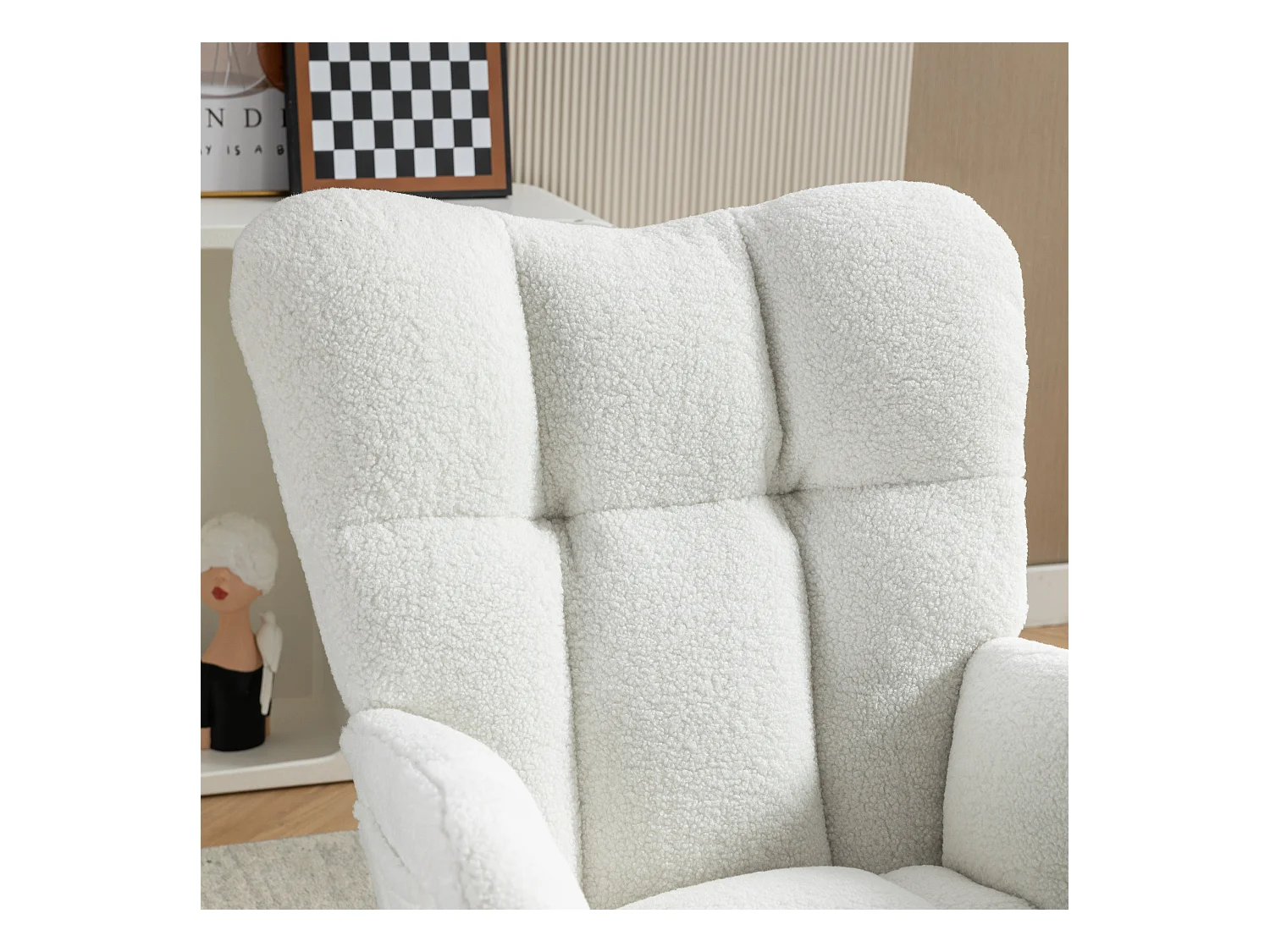 Fauteuil à bascule avec accoudoir et repose-pieds extractible, en tissu teddy blanc