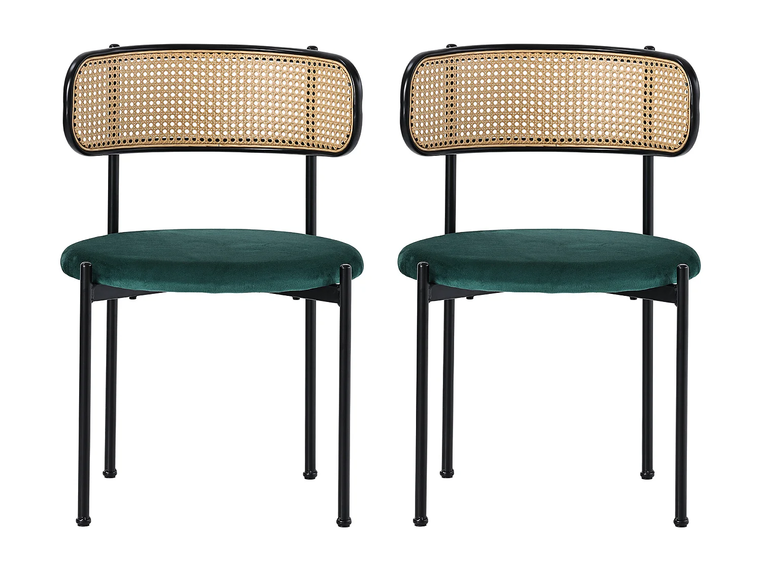 Conjunto de 2 sillas de terciopelo, respaldo de ratán y patas de metal negro - verde
