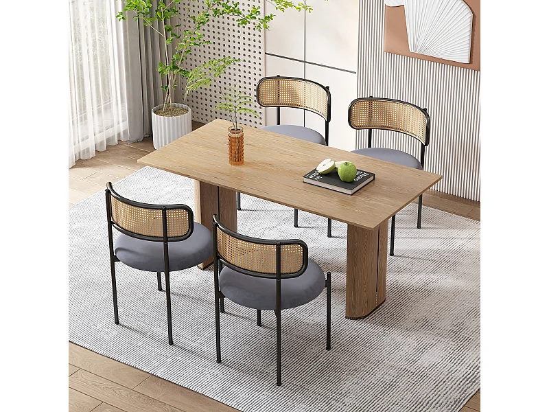 Lot de 4 chaises en velours, dossier en rotin et pied en métal noir - gris