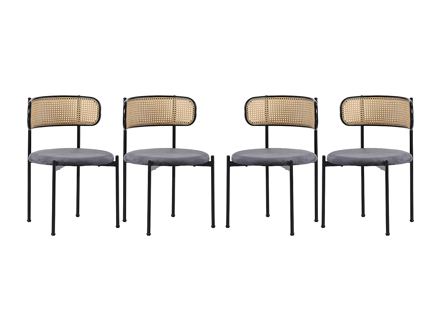 Lot de 4 chaises en velours, dossier en rotin et pied en métal noir - gris