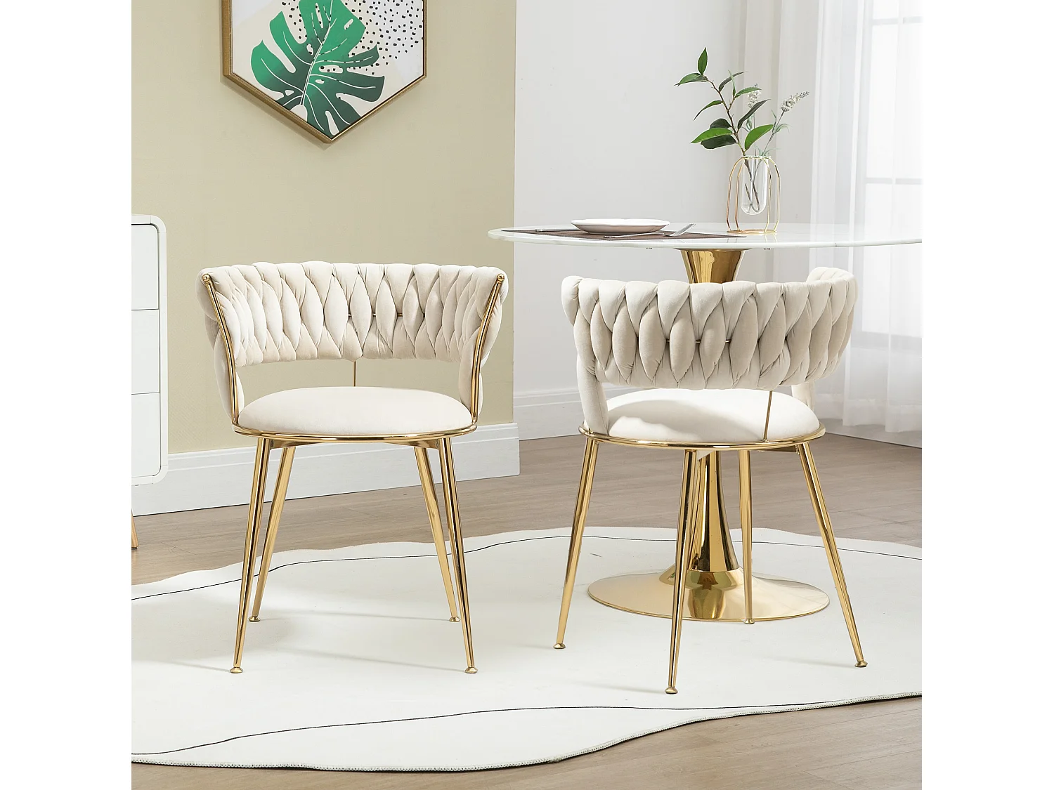 Lot de 2 chaises en velours et métal doré avec dossier creux- Ivoire