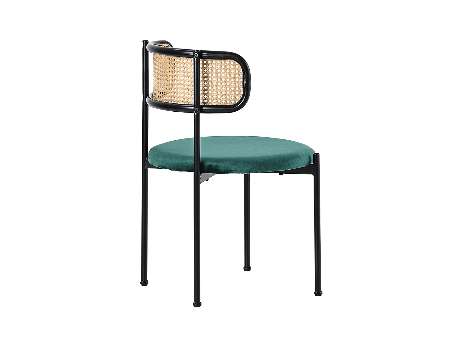 Lot de 4 chaises en velours, dossier en rotin et pied en métal noir - vert