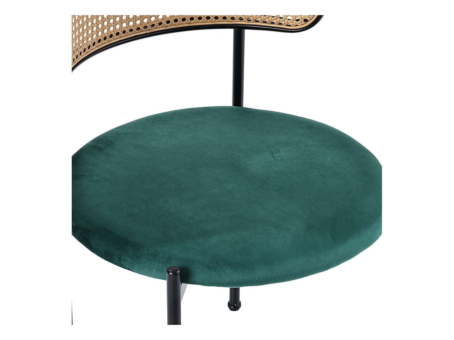 Lot de 4 chaises en velours, dossier en rotin et pied en métal noir - vert