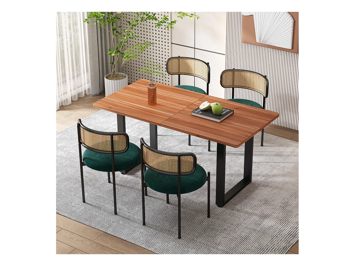 Set van 4 fluwelen stoelen met rotan rugleuning en zwarte metalen poten - groen
