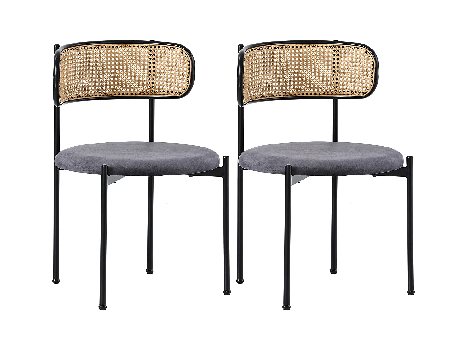 Lot de 2 chaises en velours, dossier en rotin et pied en métal noir - gris