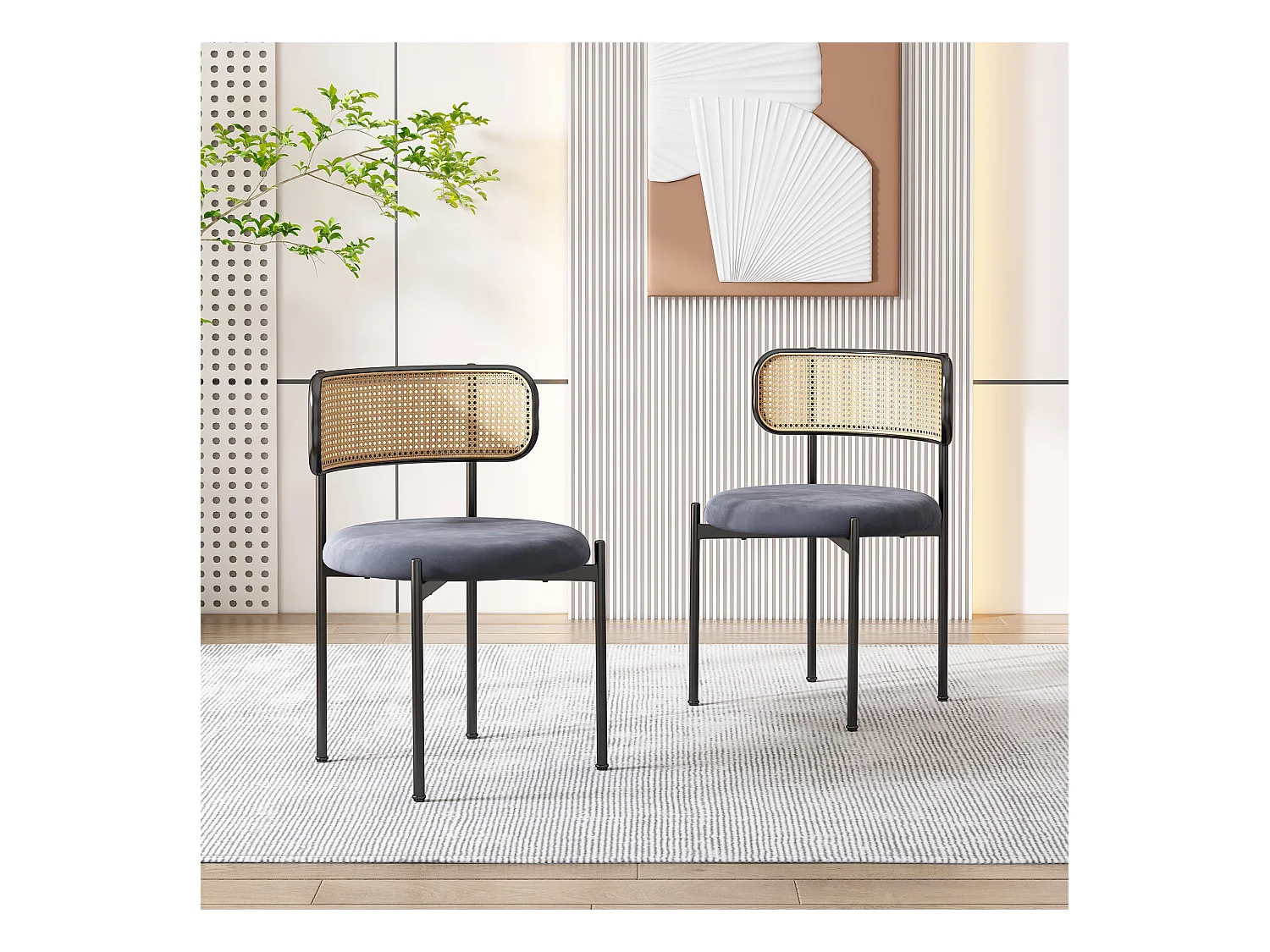 Conjunto de 2 sillas de terciopelo, respaldo de ratán y patas de metal negro - gris