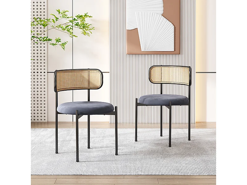Set van 2 fluwelen stoelen, rotan rugleuning en zwarte metalen poten - grijs
