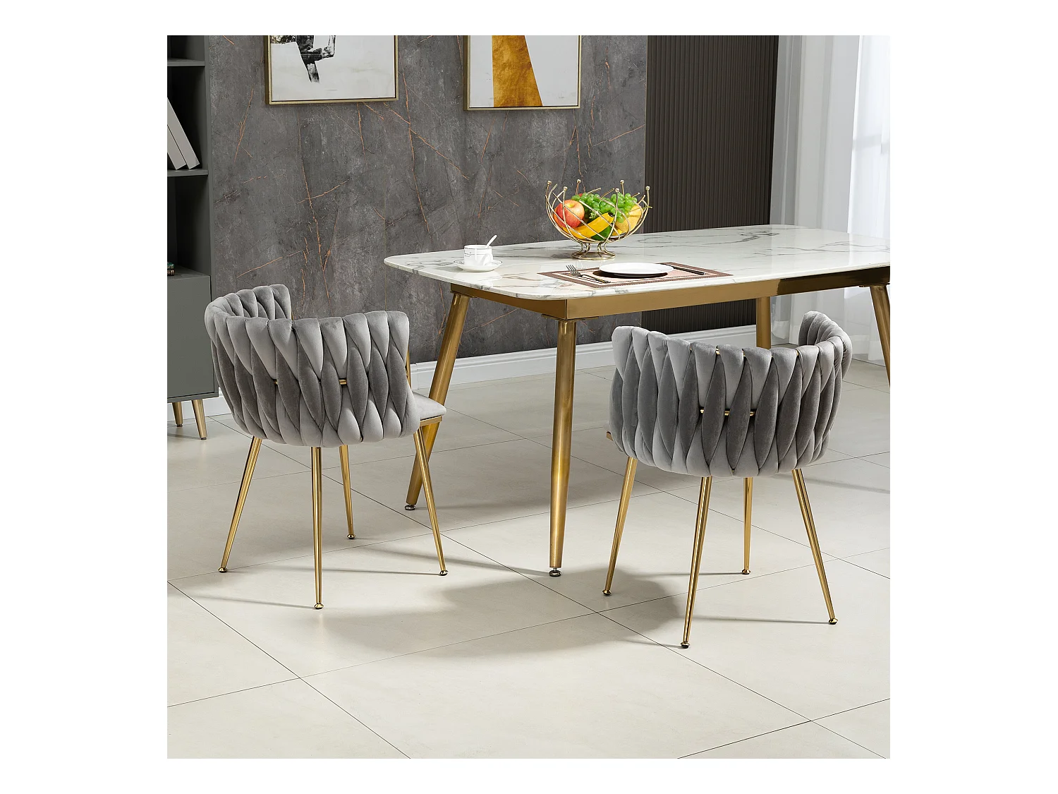 Lot de 2 chaises en velours et métal doré - Gris