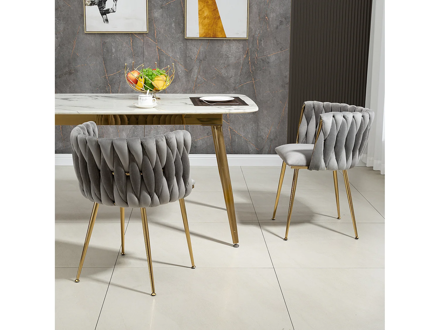 Lot de 2 chaises en velours et métal doré - Gris