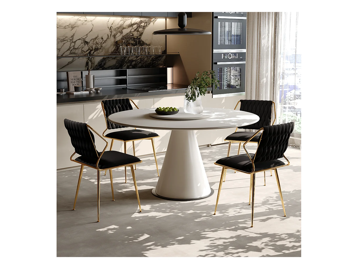 Chaise de salle à manger - Avec dossier tressé et pieds plaqués or - Avec accoudoirs - Velours - 2 pièces - Noir