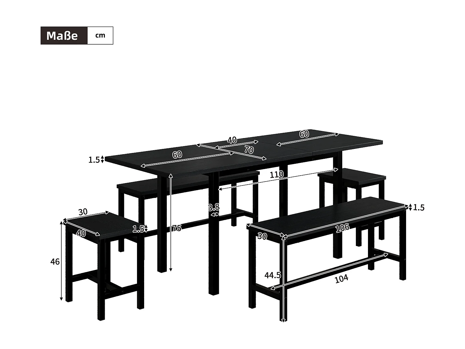 Ensemble table extensible 120-160cm et 2 tabourets + 2 bancs, cadre en métal, noir