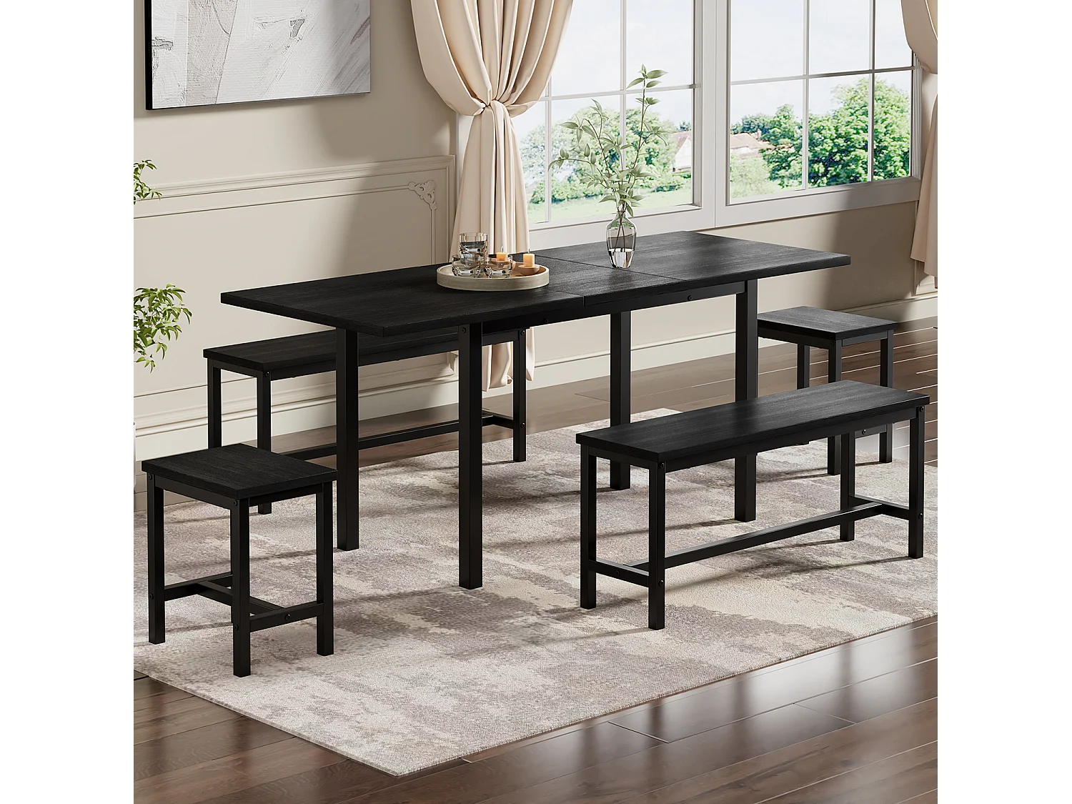 Ensemble table extensible 120-160cm et 2 tabourets + 2 bancs, cadre en métal, noir