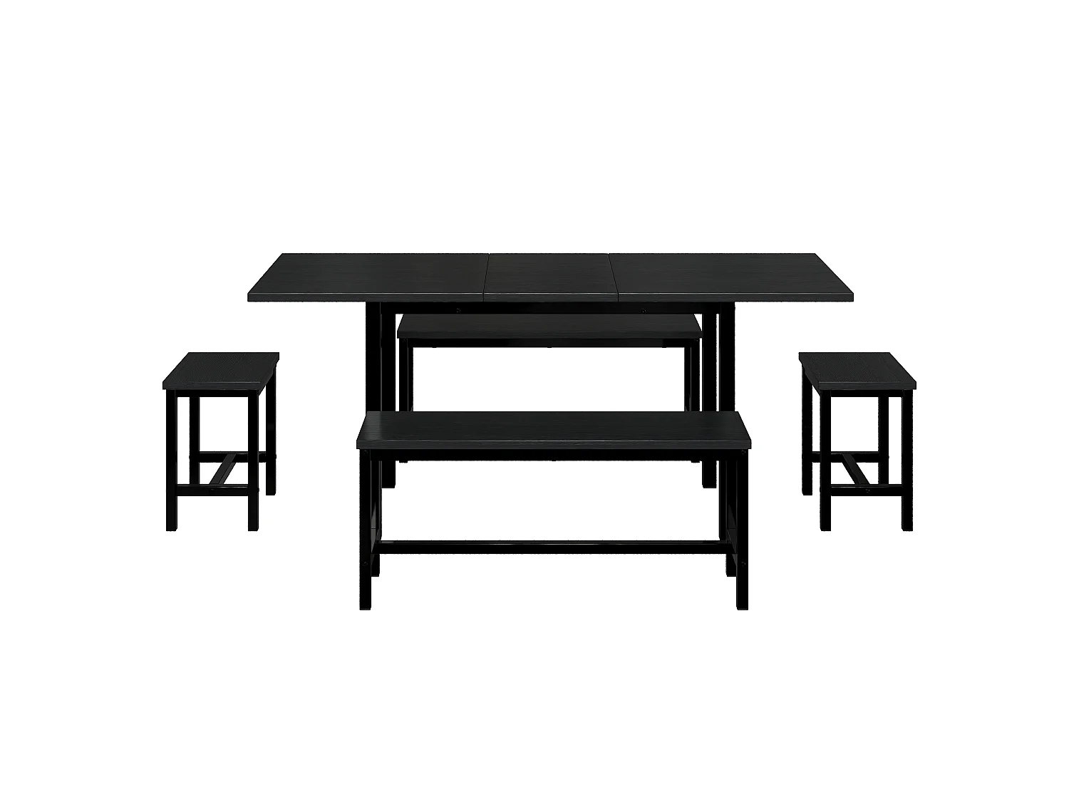 Ensemble table extensible 120-160cm et 2 tabourets + 2 bancs, cadre en métal, noir