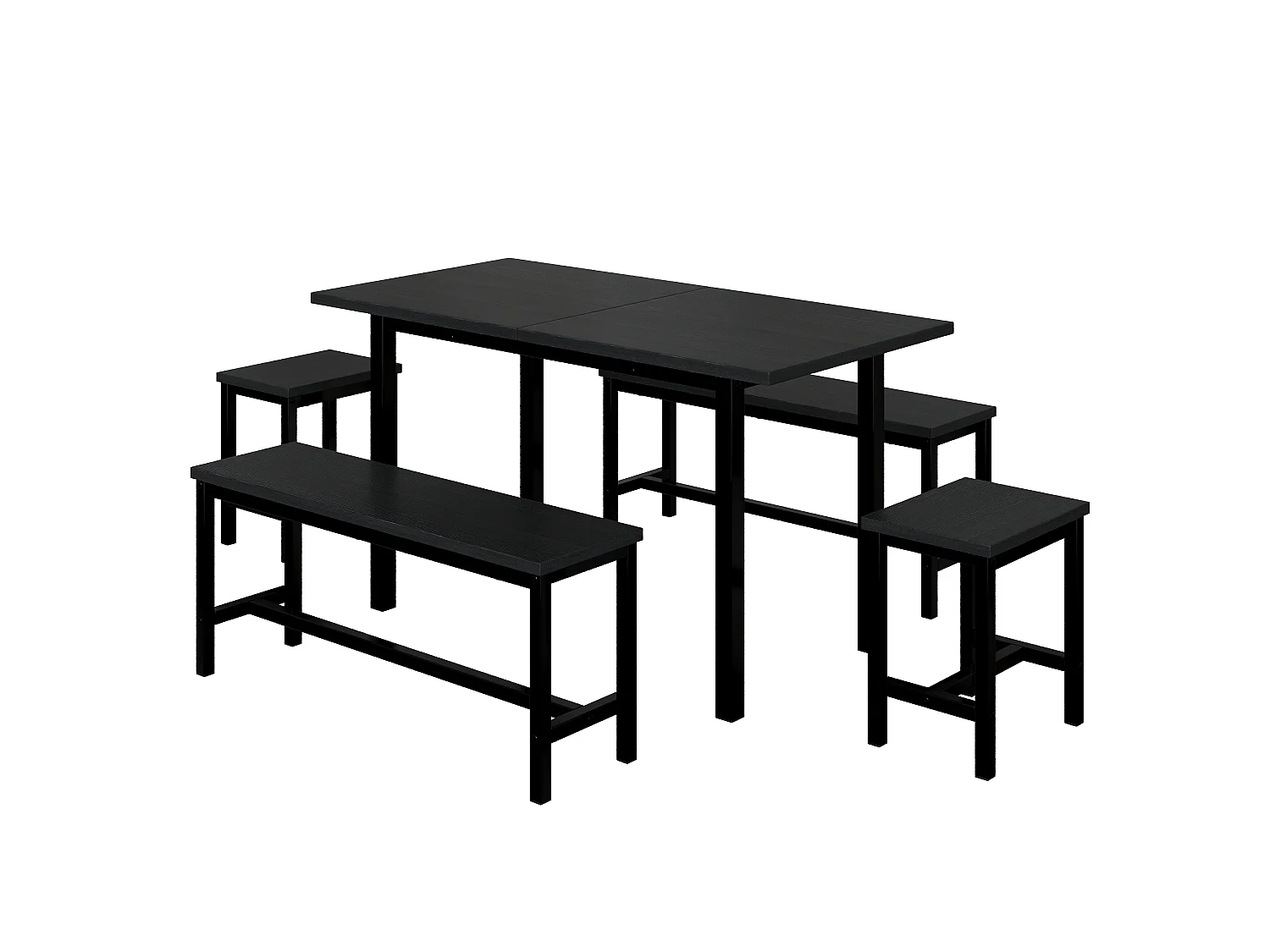 Ensemble table extensible 120-160cm et 2 tabourets + 2 bancs, cadre en métal, noir