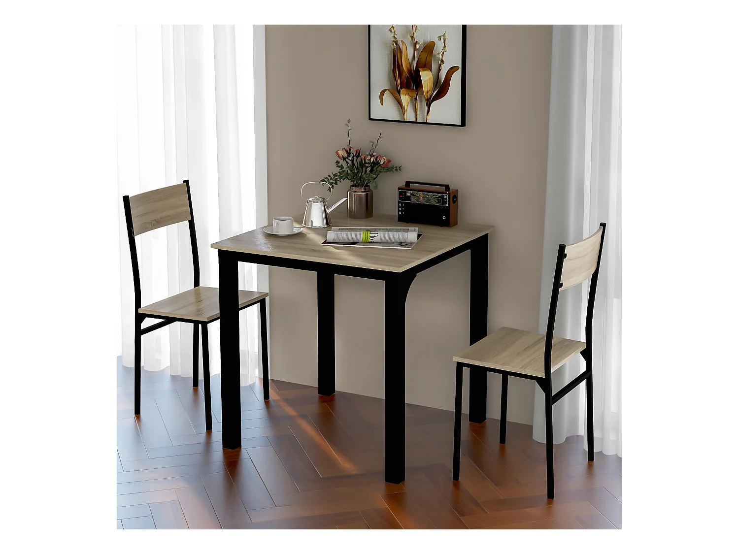 Ensemble table Carré et 2 chaises de salle à manger, cadre en métal, naturel clair