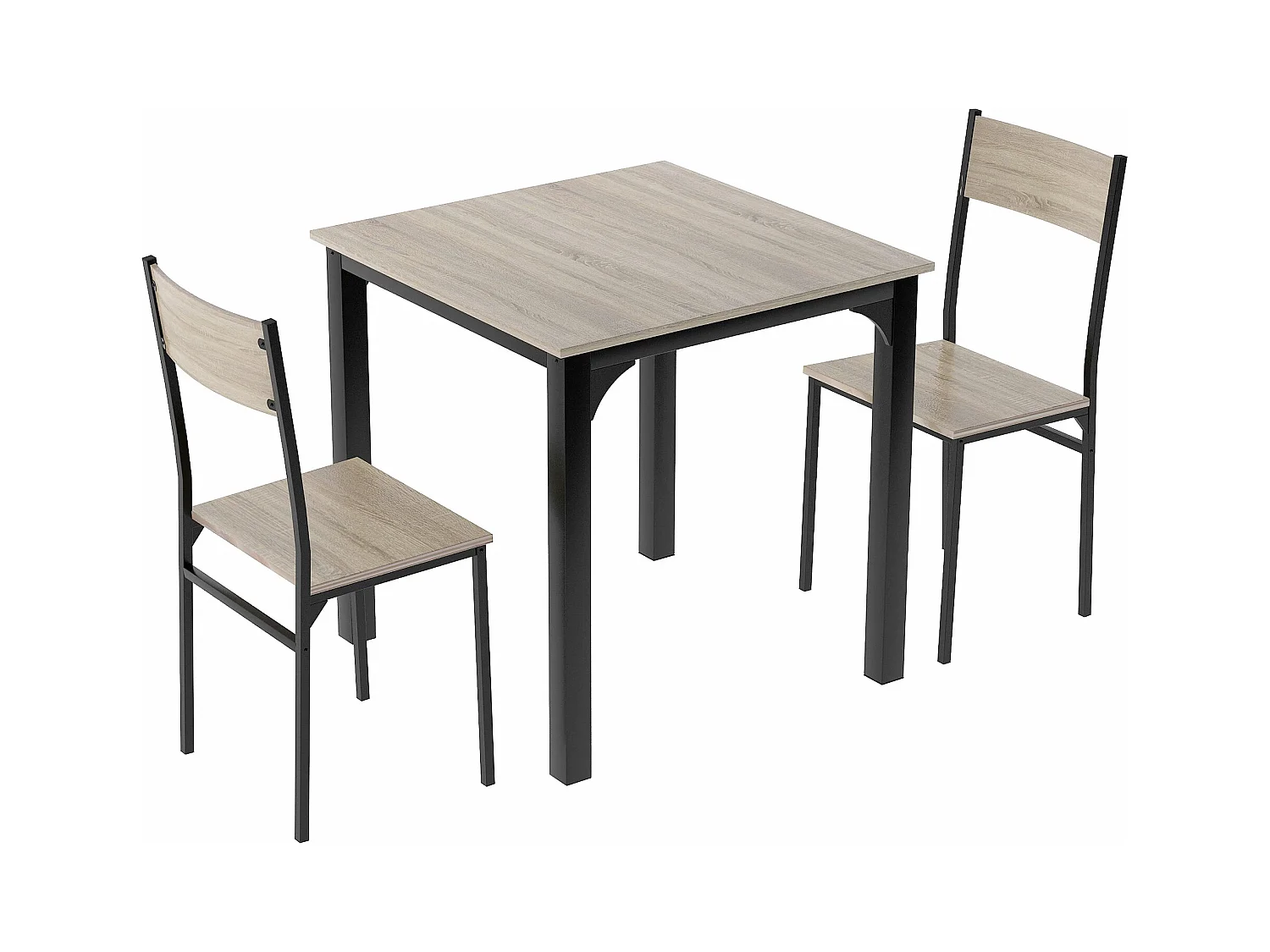 Ensemble table Carré et 2 chaises de salle à manger, cadre en métal, naturel clair