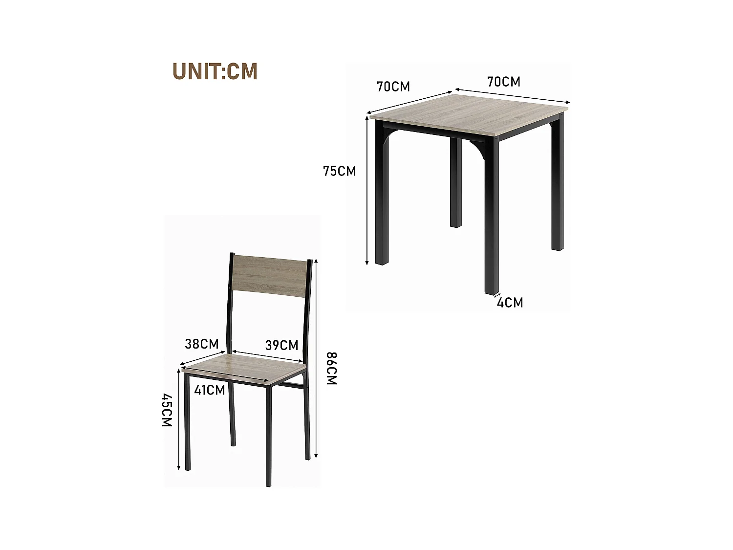 Ensemble table Carré et 2 chaises de salle à manger, cadre en métal, naturel clair