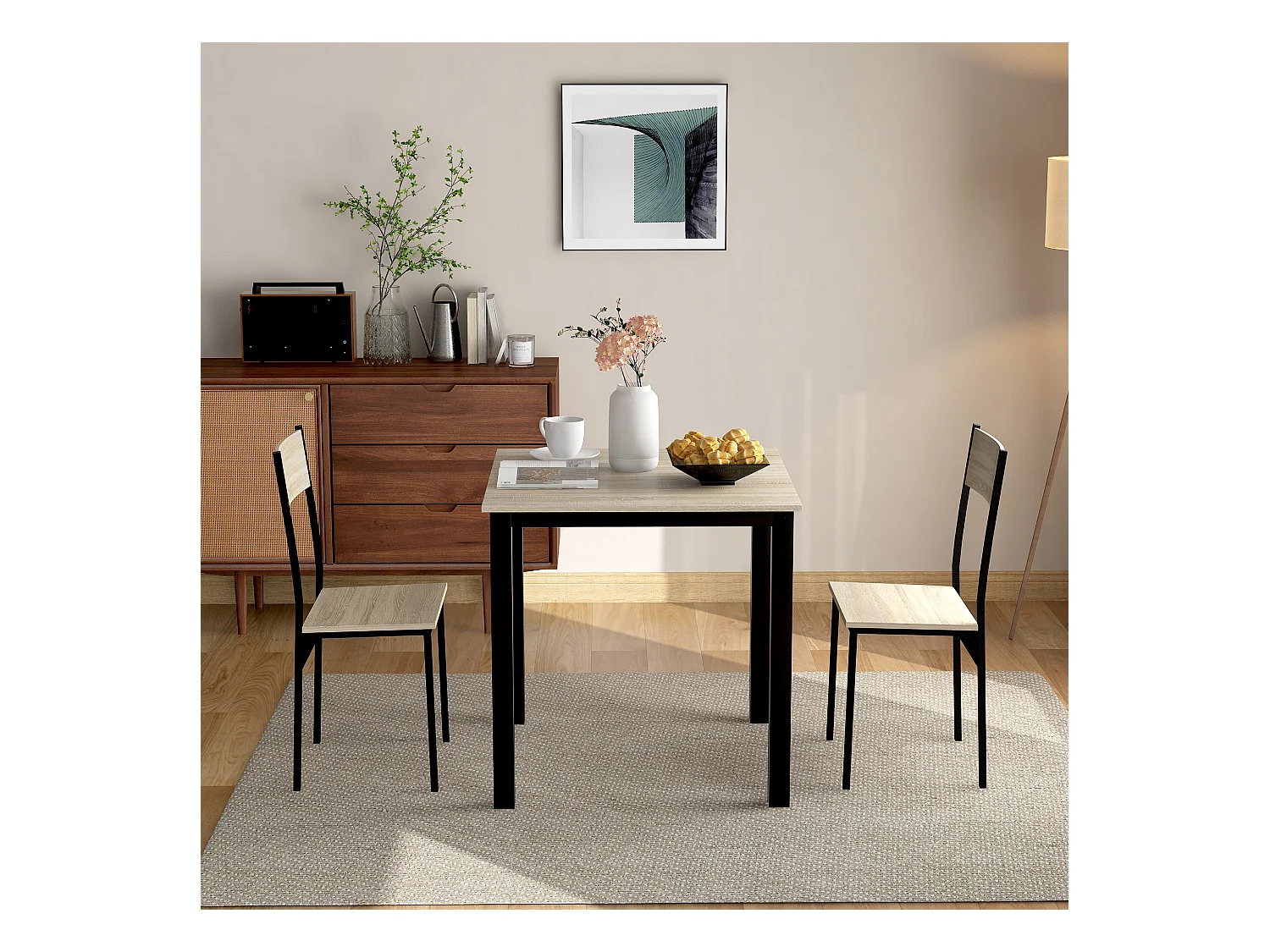 Ensemble table Carré et 2 chaises de salle à manger, cadre en métal, naturel clair