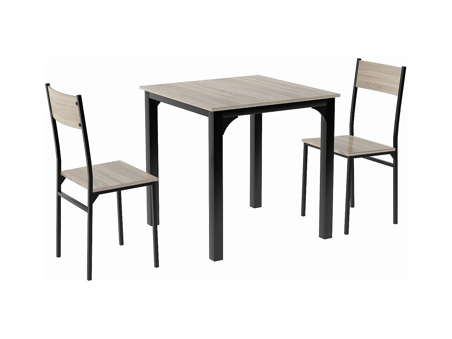 Ensemble table Carré et 2 chaises de salle à manger, cadre en métal, naturel clair
