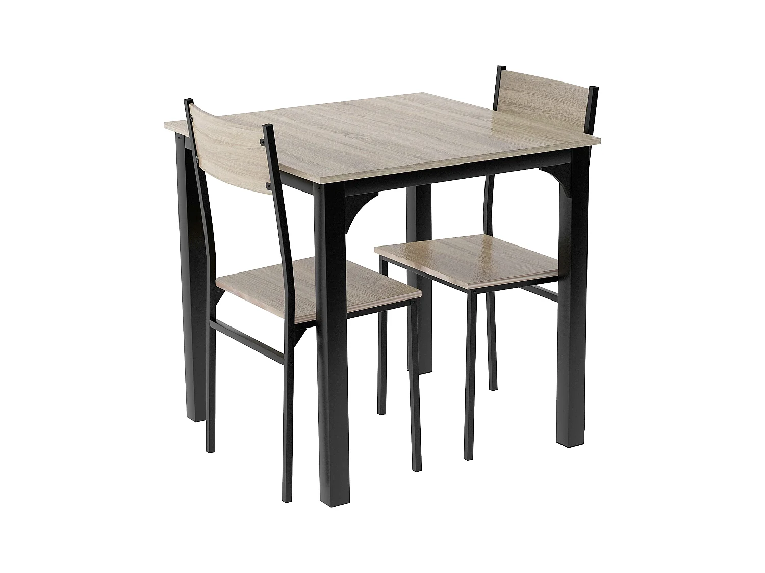 Ensemble table Carré et 2 chaises de salle à manger, cadre en métal, naturel clair