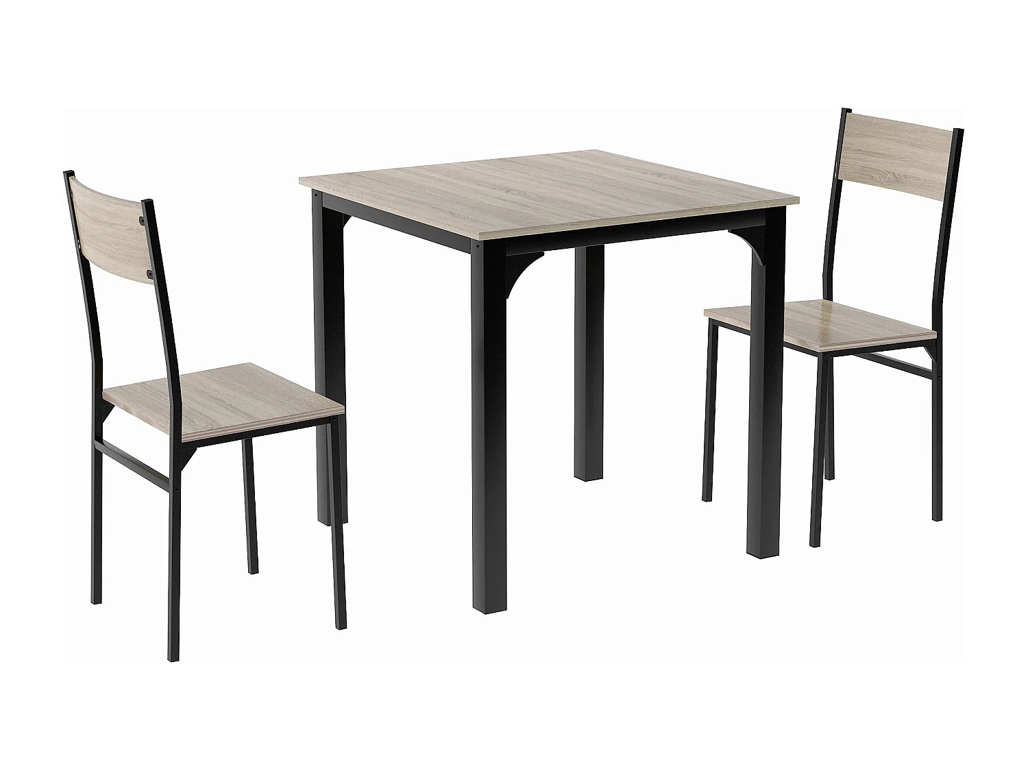 Ensemble table Carré et 2 chaises de salle à manger, cadre en métal, naturel clair