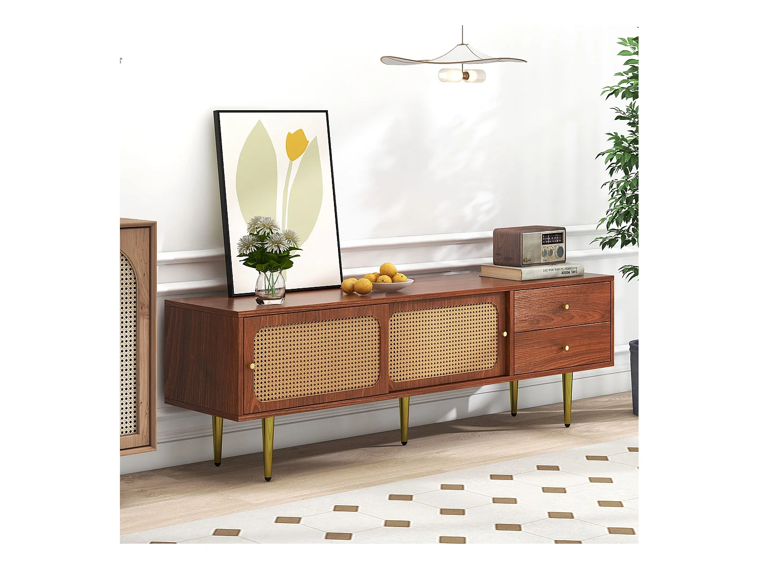 Stylish TV stand with rattan-sliders-doors and practical drawers, Baume à noix avec rattan en plastique foncé, 2 drawers, 2 rattan-sliders-doors,
