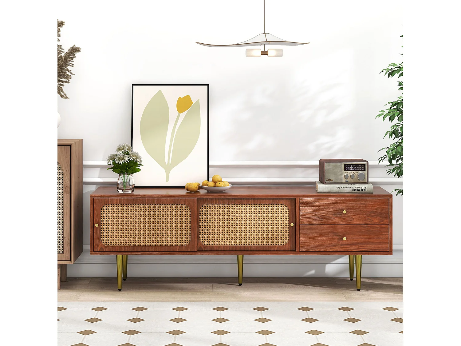 Stylish TV stand with rattan-sliders-doors and practical drawers, Baume à noix avec rattan en plastique foncé, 2 drawers, 2 rattan-sliders-doors,