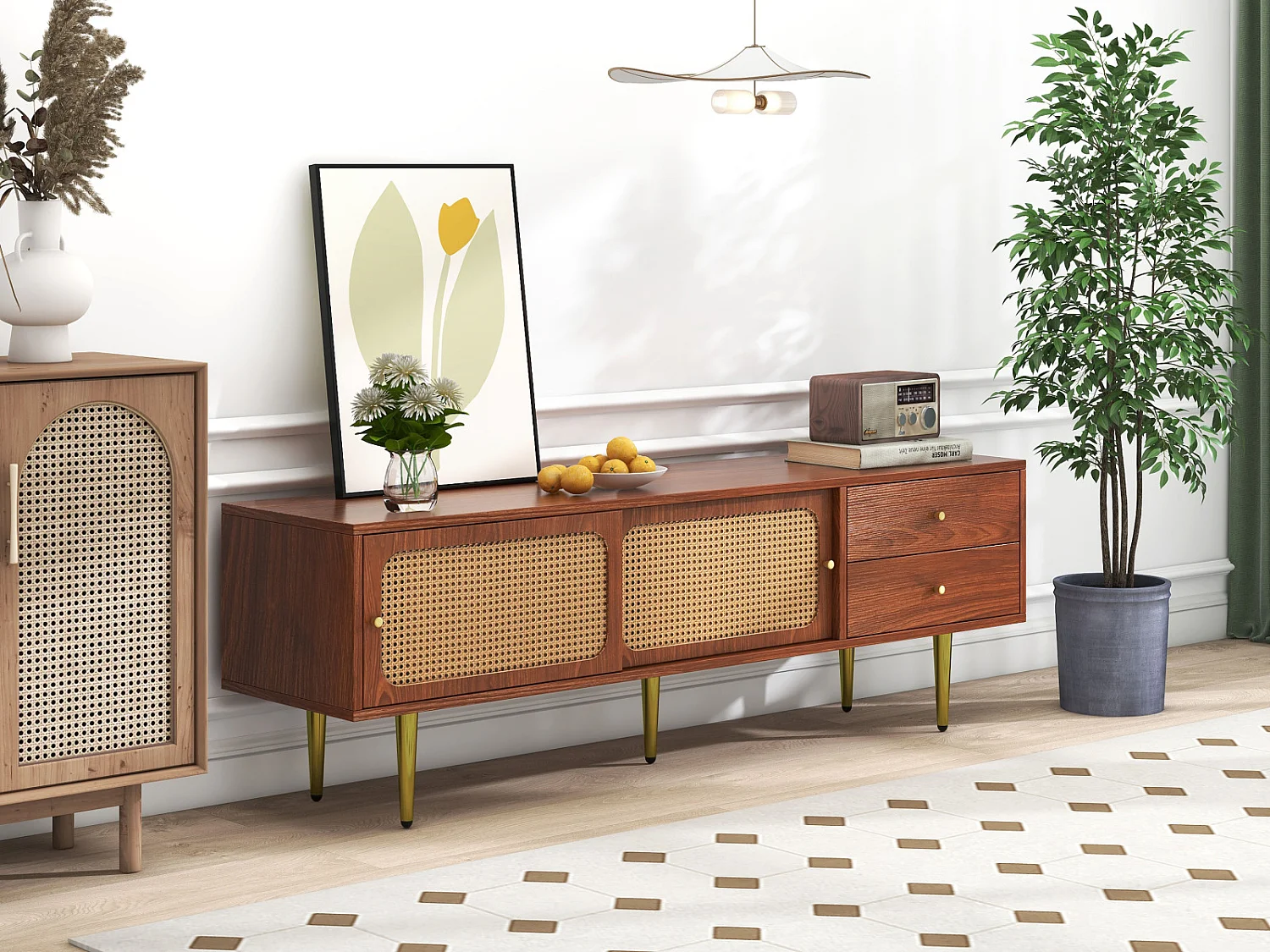 Stylish TV stand with rattan-sliders-doors and practical drawers, Baume à noix avec rattan en plastique foncé, 2 drawers, 2 rattan-sliders-doors,