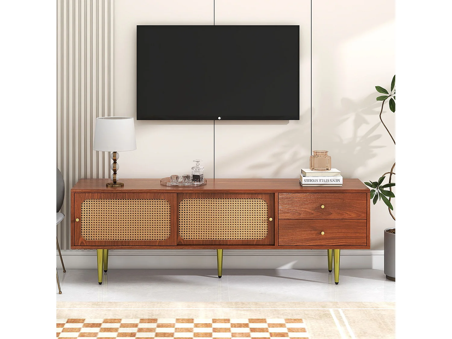 Stylish TV stand with rattan-sliders-doors and practical drawers, Baume à noix avec rattan en plastique foncé, 2 drawers, 2 rattan-sliders-doors,