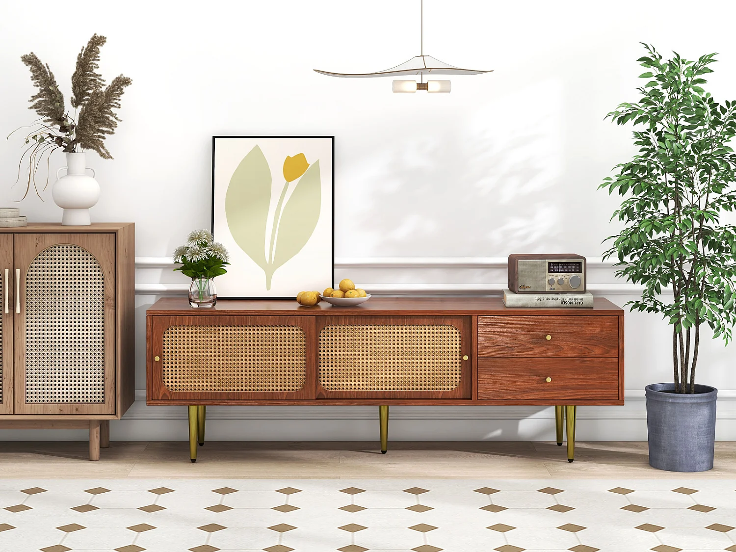 Stylish TV stand with rattan-sliders-doors and practical drawers, Baume à noix avec rattan en plastique foncé, 2 drawers, 2 rattan-sliders-doors,