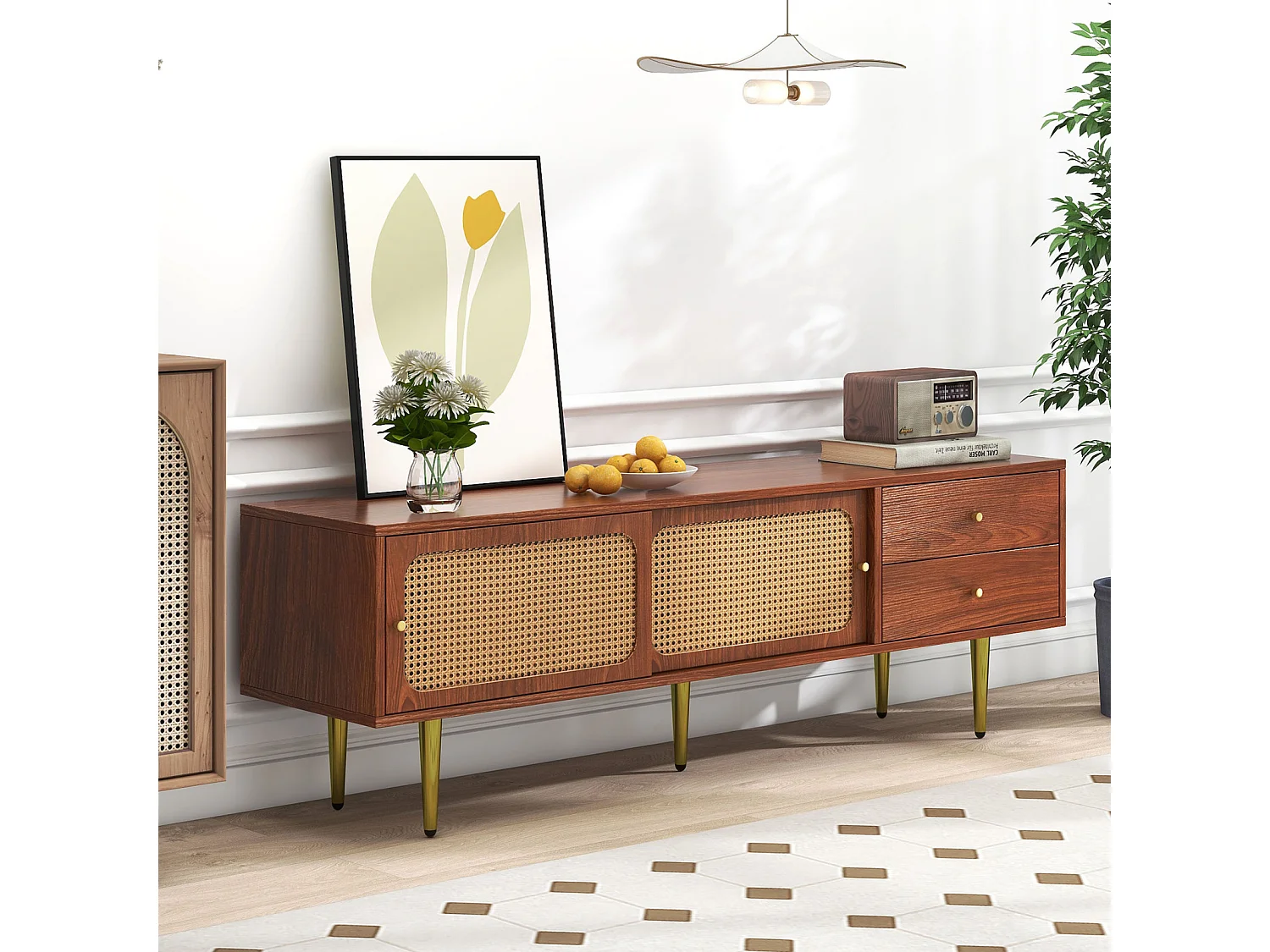 Stylish TV stand with rattan-sliders-doors and practical drawers, Baume à noix avec rattan en plastique foncé, 2 drawers, 2 rattan-sliders-doors,