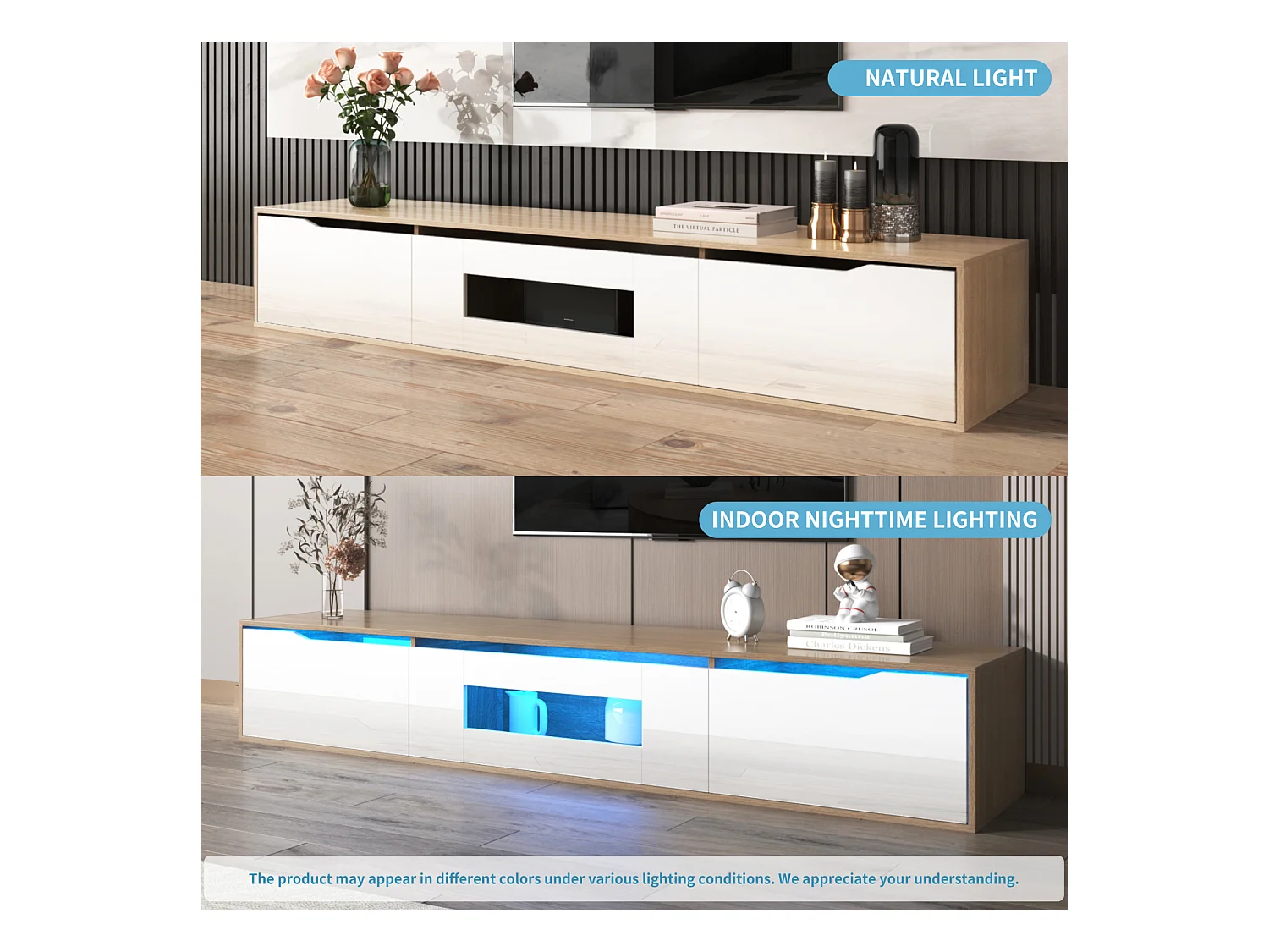 Cabinet TV, Cabinet TV haute brillance, couleur adaptée à haute brillance blanche et bois, avec lumière LED changeante de couleur.