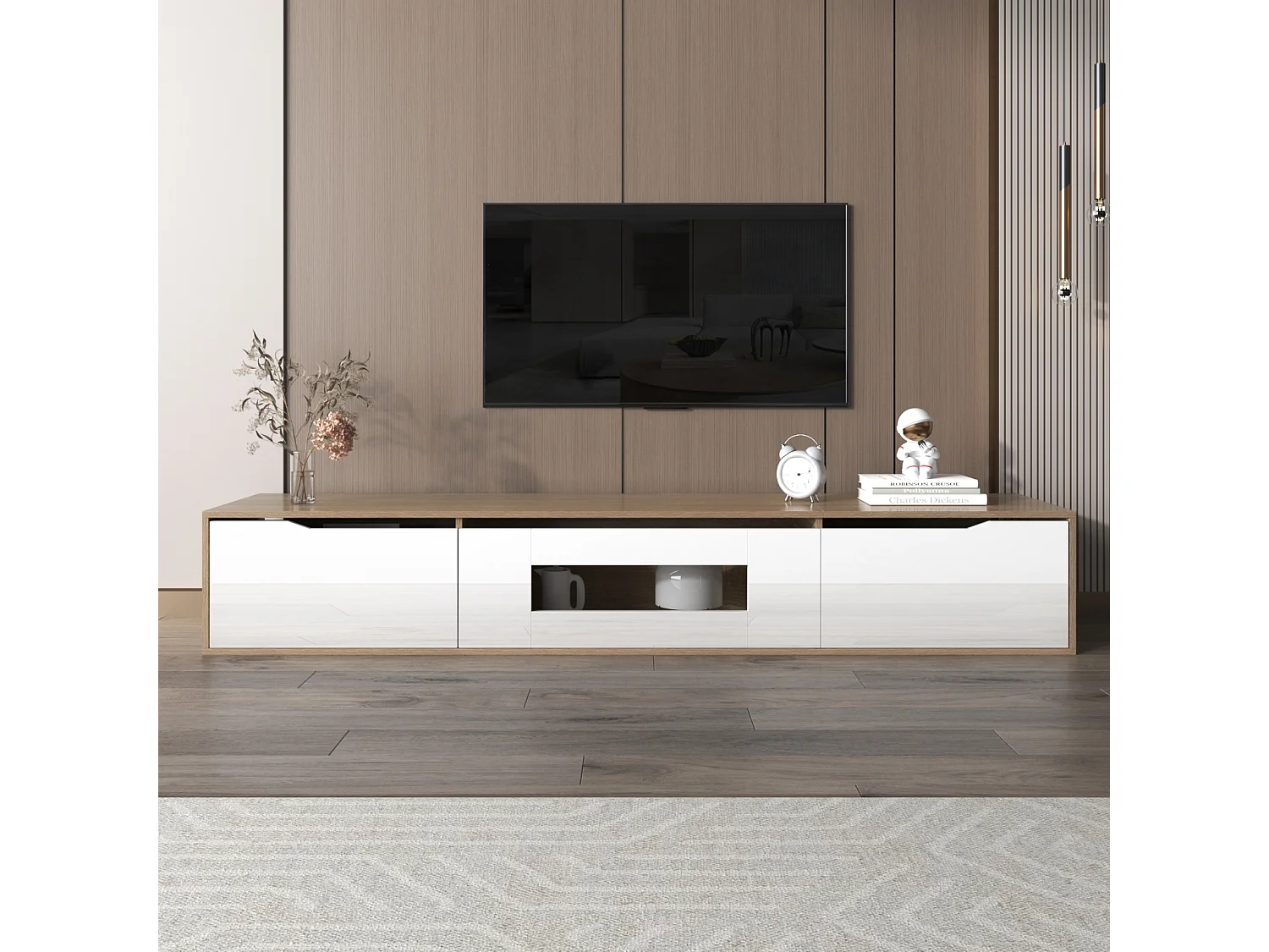 Cabinet TV, Cabinet TV haute brillance, couleur adaptée à haute brillance blanche et bois, avec lumière LED changeante de couleur.