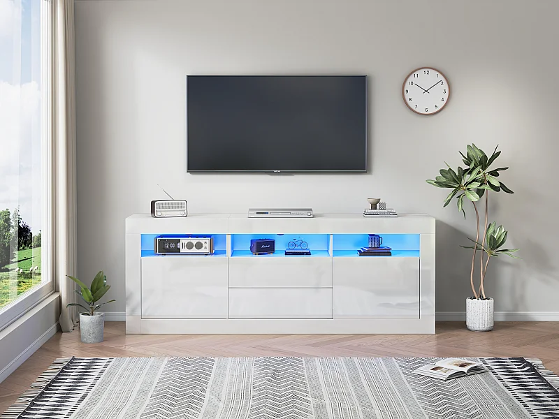 160*35*60cm Armoire de télévision haute brillance avec éclairage LED, 3 compartiments ouverts, 2 portes, 2 tiroirs, Smart App-Steuerung