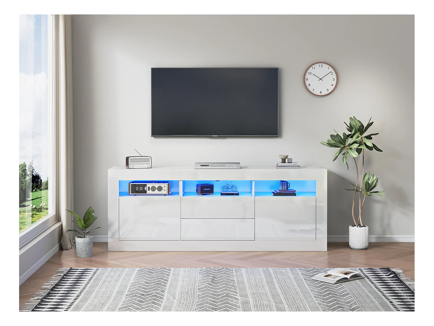 160*35*60cm Armoire de télévision haute brillance avec éclairage LED, 3 compartiments ouverts, 2 portes, 2 tiroirs, Smart App-Steuerung