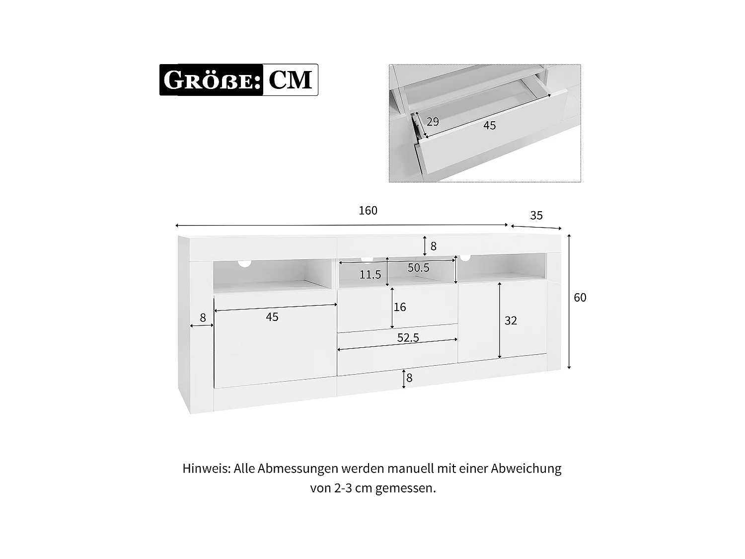 160*35*60cm Armoire de télévision haute brillance avec éclairage LED, 3 compartiments ouverts, 2 portes, 2 tiroirs, Smart App-Steuerung