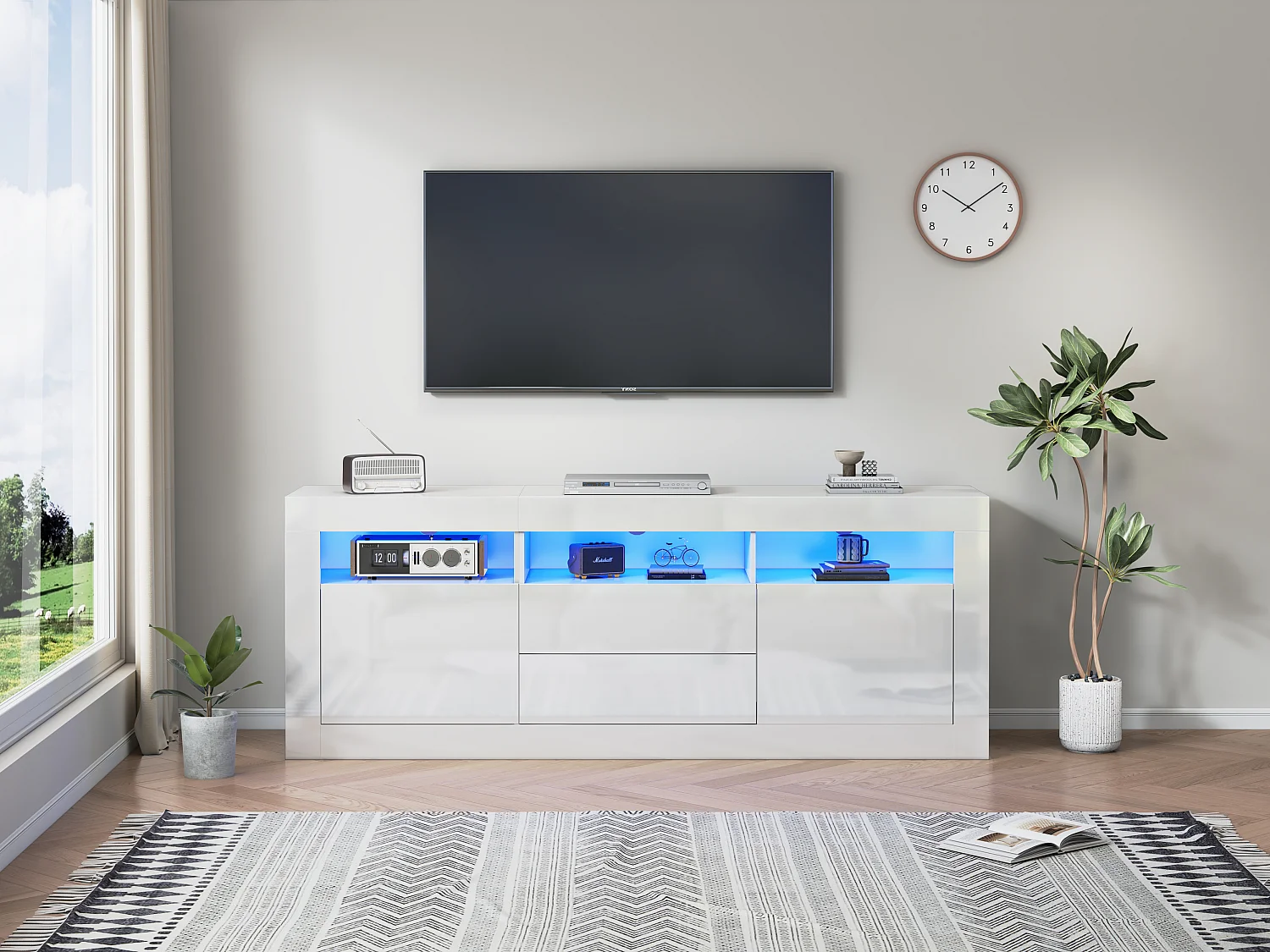 160*35*60cm Armoire de télévision haute brillance avec éclairage LED, 3 compartiments ouverts, 2 portes, 2 tiroirs, Smart App-Steuerung
