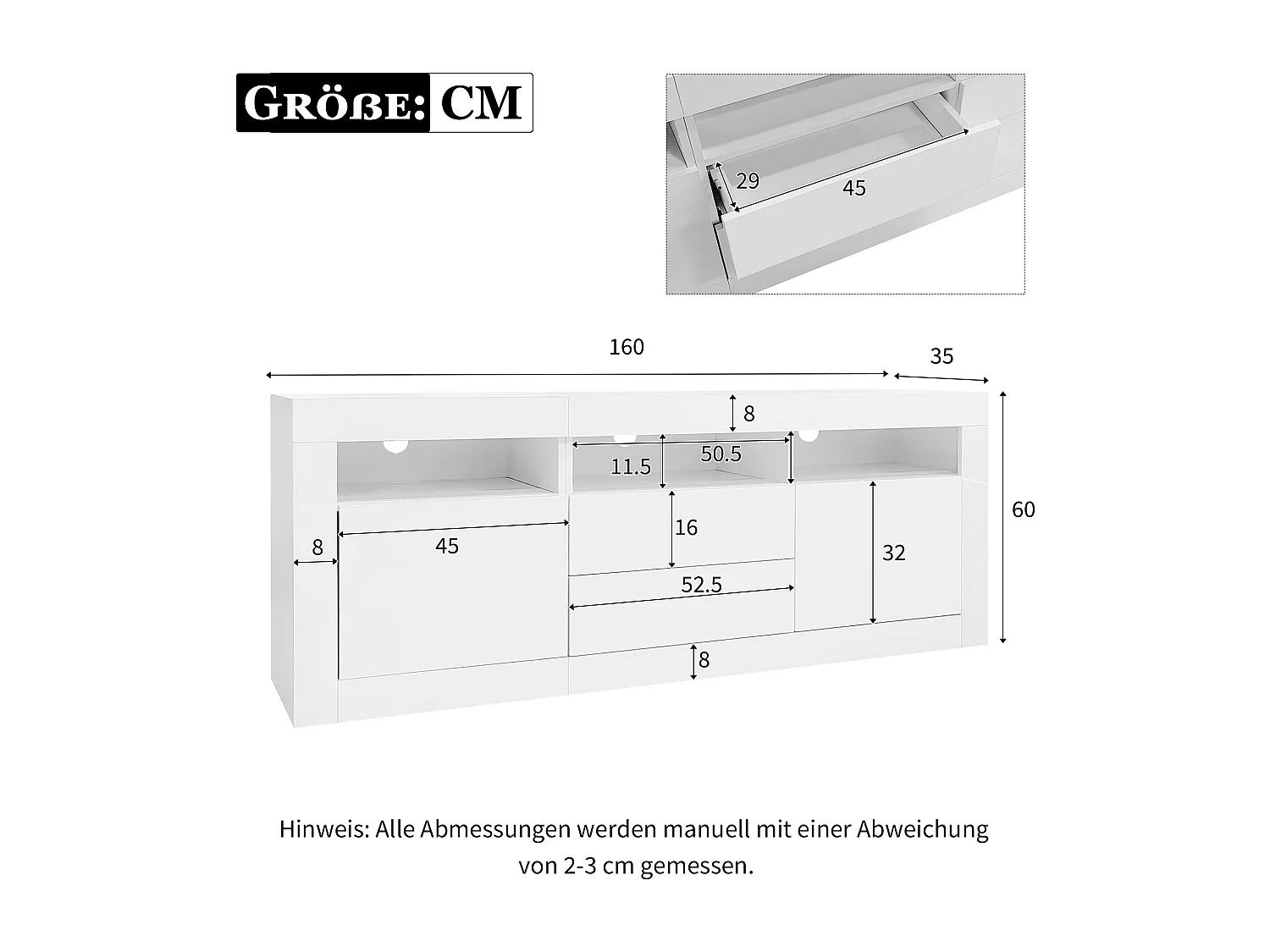 160*35*60cm Armoire de télévision haute brillance avec éclairage LED, 3 compartiments ouverts, 2 portes, 2 tiroirs, Smart App-Steuerung