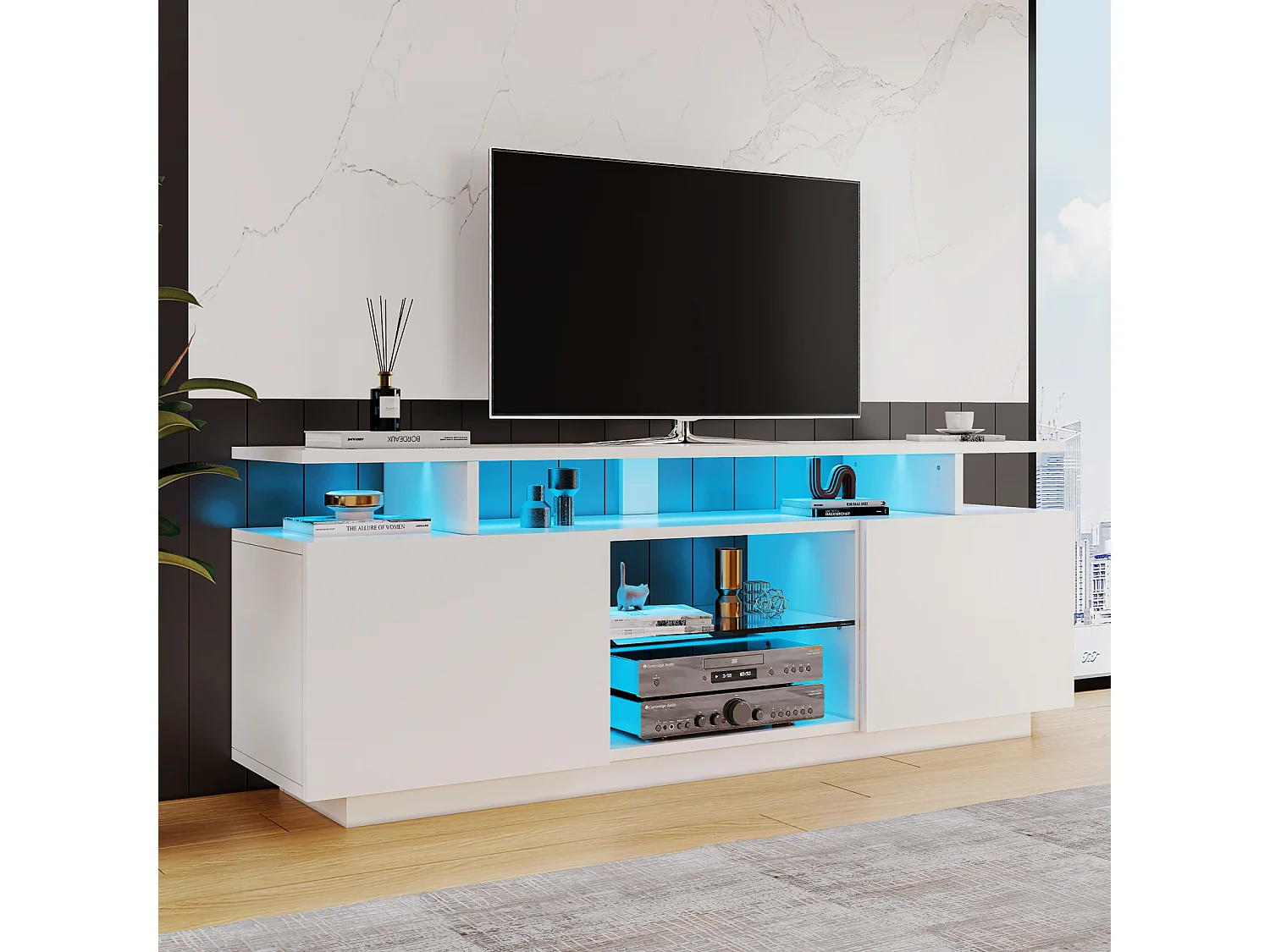 Armoire de télévision blanc moderne avec éclairage LED 16 couleurs, 1,4 m de long - Armoire de stockage élégant pour télévision 60 pouces,