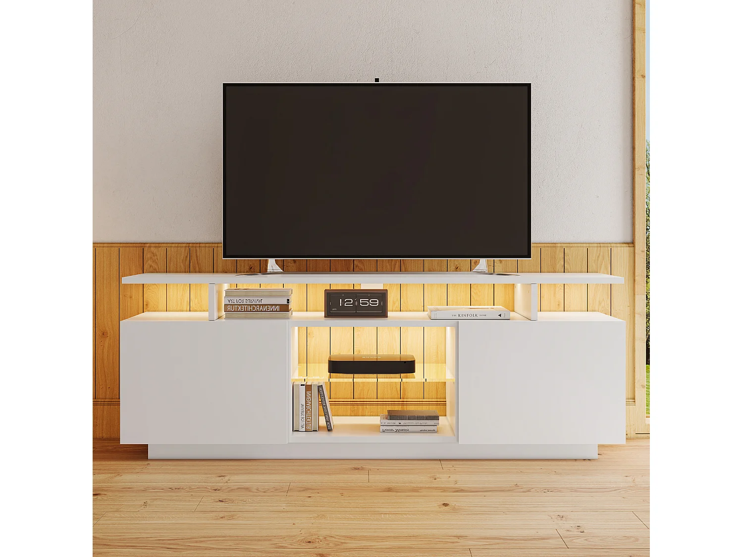 Armoire de télévision blanc moderne avec éclairage LED 16 couleurs, 1,4 m de long - Armoire de stockage élégant pour télévision 60 pouces,