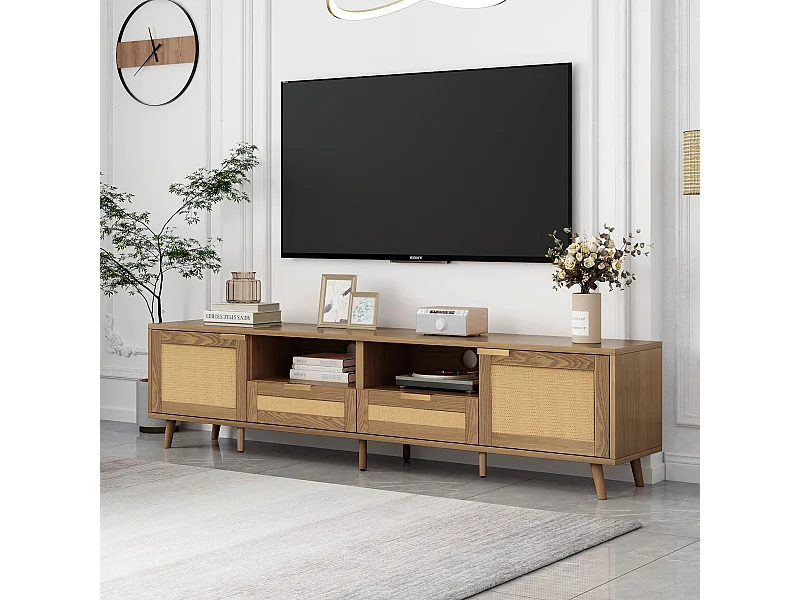 TV-Ständer, 200*37*49 cm, Kunststoff Rattan Design TV-Ständer, Massivholz Füße TV-Ständer, Rattan TV-Panel