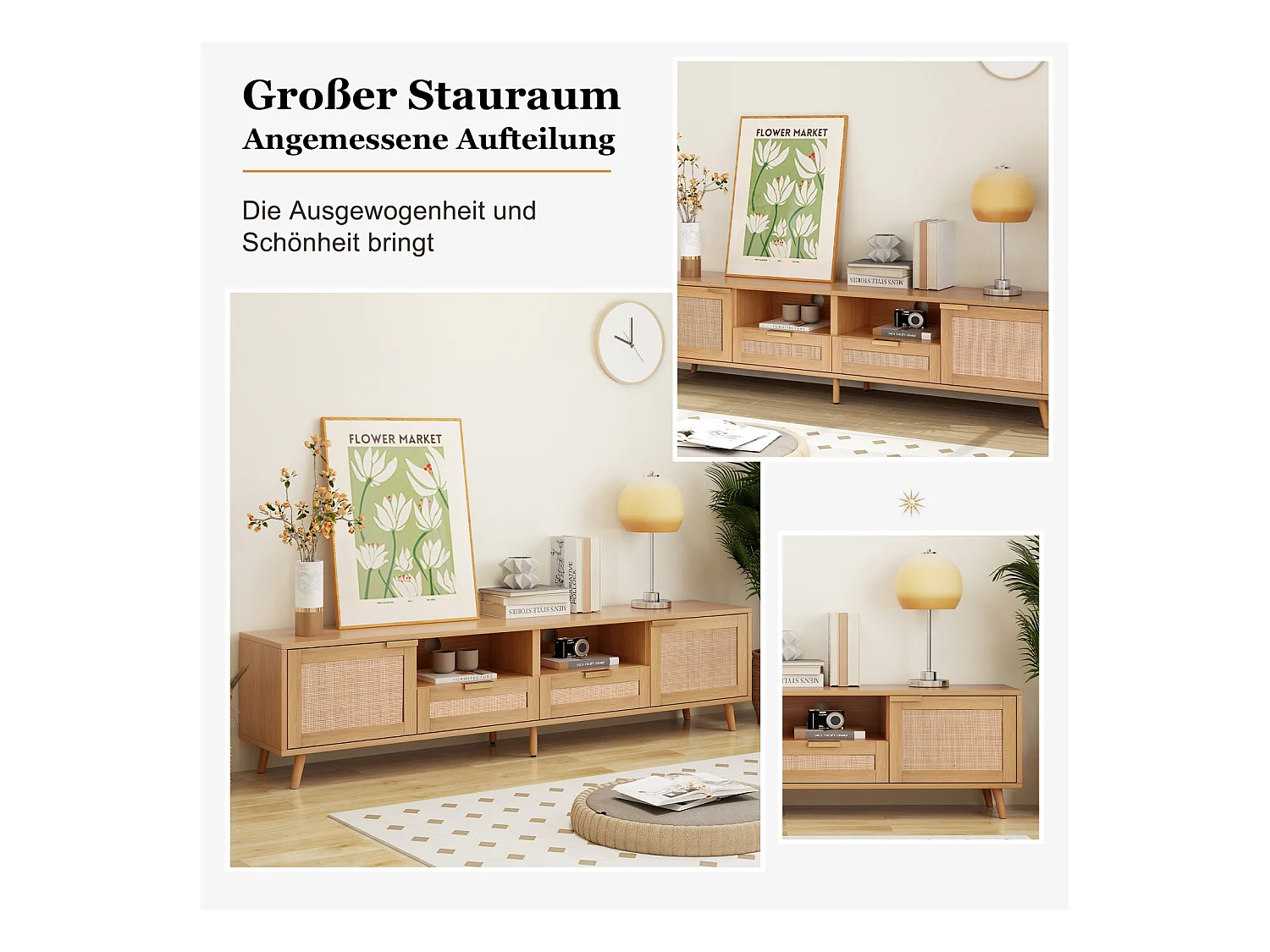 TV-Ständer, 200*37*49 cm, Kunststoff Rattan Design TV-Ständer, Massivholz Füße TV-Ständer, Rattan TV-Panel