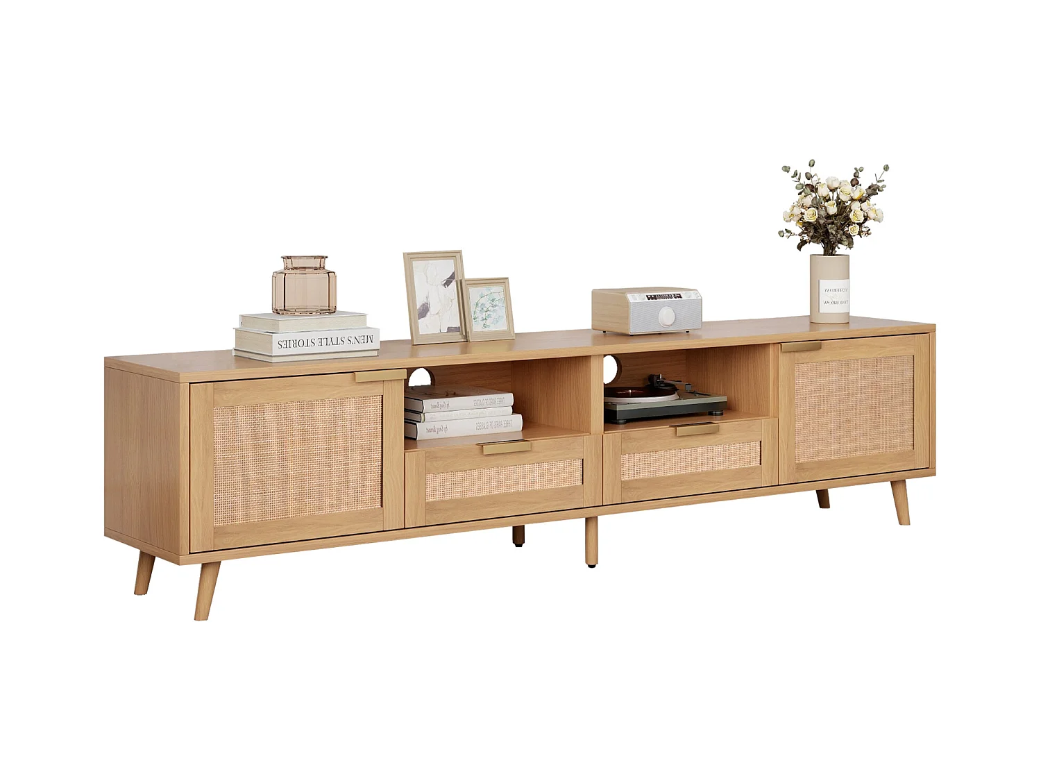 TV-Ständer, 200*37*49 cm, Kunststoff Rattan Design TV-Ständer, Massivholz Füße TV-Ständer, Rattan TV-Panel