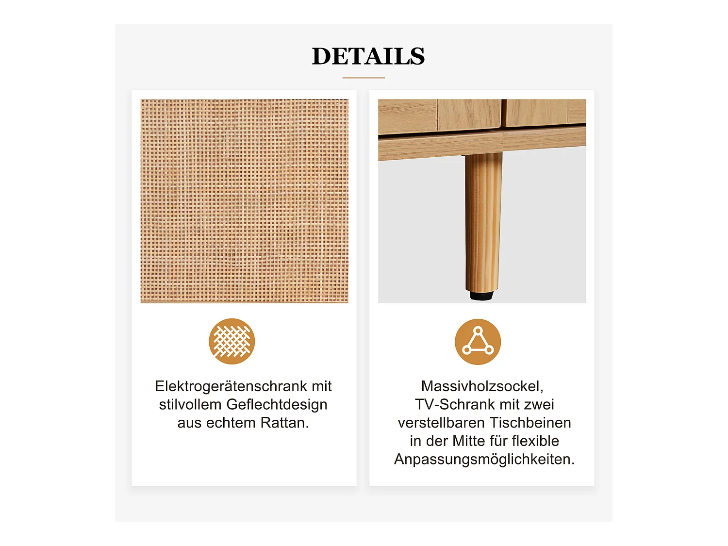 TV-Ständer, 200*37*49 cm, Kunststoff Rattan Design TV-Ständer, Massivholz Füße TV-Ständer, Rattan TV-Panel