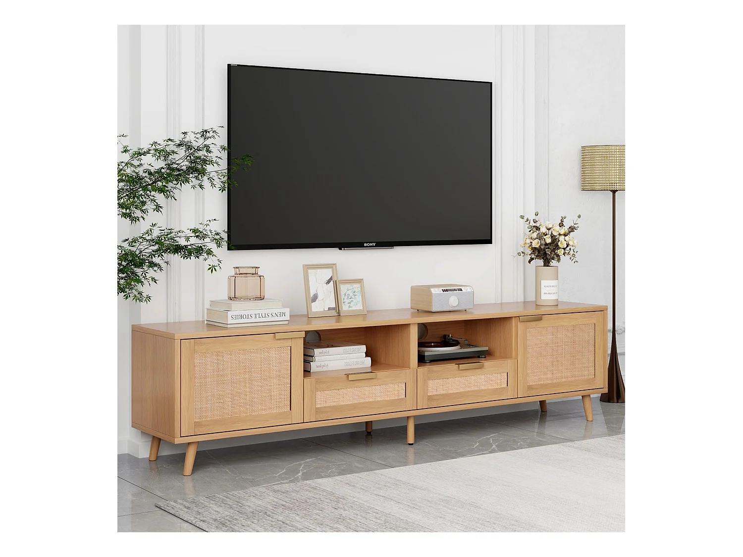 TV-Ständer, 200*37*49 cm, Kunststoff Rattan Design TV-Ständer, Massivholz Füße TV-Ständer, Rattan TV-Panel